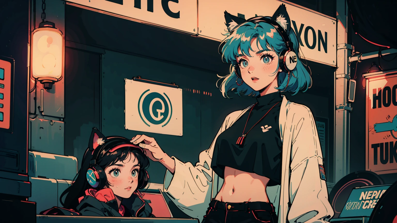 Summer night in neo-Tokyo: a fusion record store. An alluring 18-year-old girl with long, vibrantly-colored hair stands inside, her curvaceous figure accentuated by a revealing crop top and short shorts. Cute cat ears adorn her head, adding a playful contrast to her seductive gaze. Oversized headphones hang around her neck. Vinyl records and holograms surround her under neon lights. Outside, a futuristic cityscape glows. She embodies a tantalizing blend of retro charm and futuristic allure