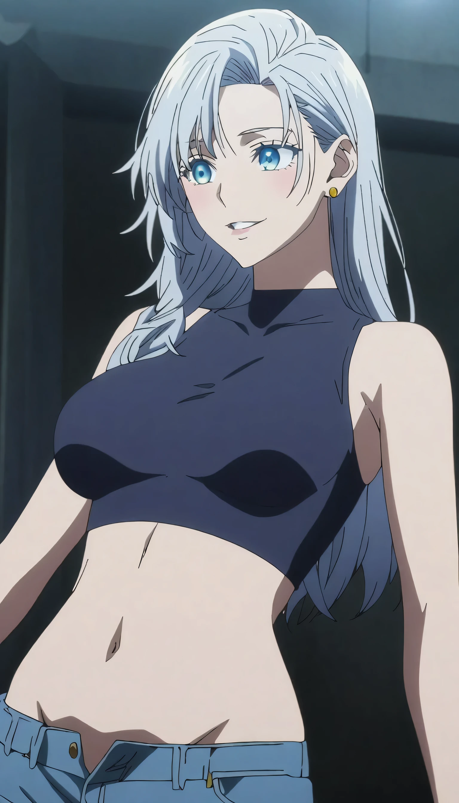 1girl, female gojo satoru, anime screencap from jujutsu kaisen, gojo satoru female version, solo, long_hair, ((Blue eyes,)) ((Silver_hair, hair over ear from one side))((slicked hair)) , night view, (hanging breasts) upper_body, smile, indoors, parted lips, (long hair) ((wearing small top and small denim shorts)) , (Belly Button ) ((Middlebreasts)) , glossy)) breast, "very detailed and high resolution" ((solo)) (((front view))) (earings) ((high resolution)) ((good quality)) ((silky hair, hair over ear from one side))((hair slicked)) ((parted lips)) ((full body))