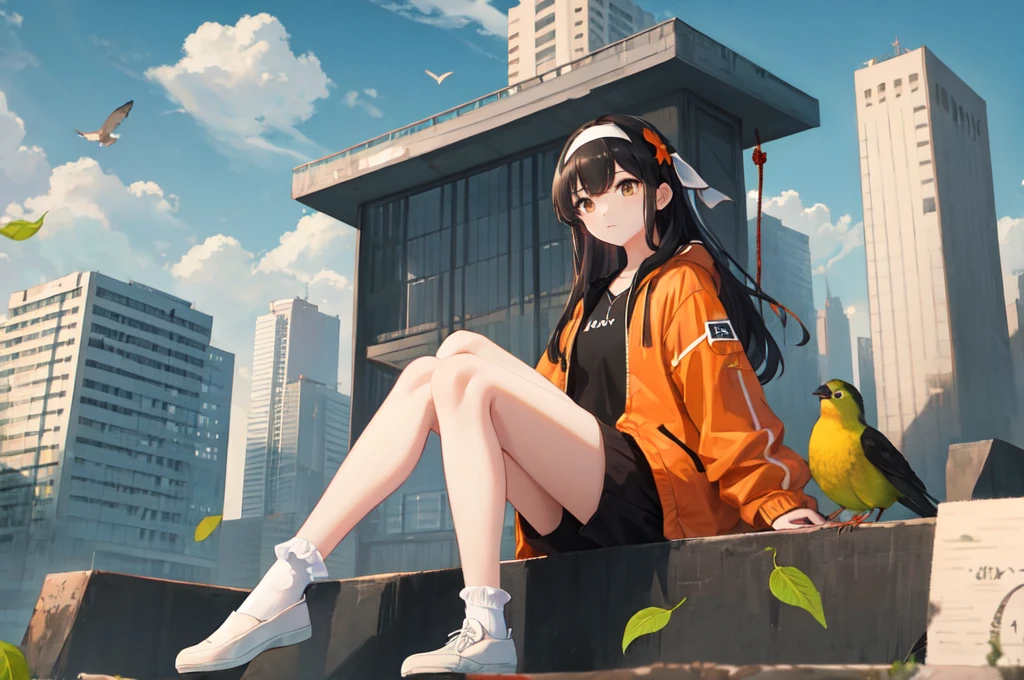 1 Girl、Orange shoes、One person、Sitting、null、cloud、Outdoor、Black Hair、bird、Upward view、青いnull、White socks、Daytime、Orange Jacket、building、Long sleeve、leaf、Long Hair、赤いHeadband、Pump rope、Headband、bangs、曇りnull、from_below、Wide_shot