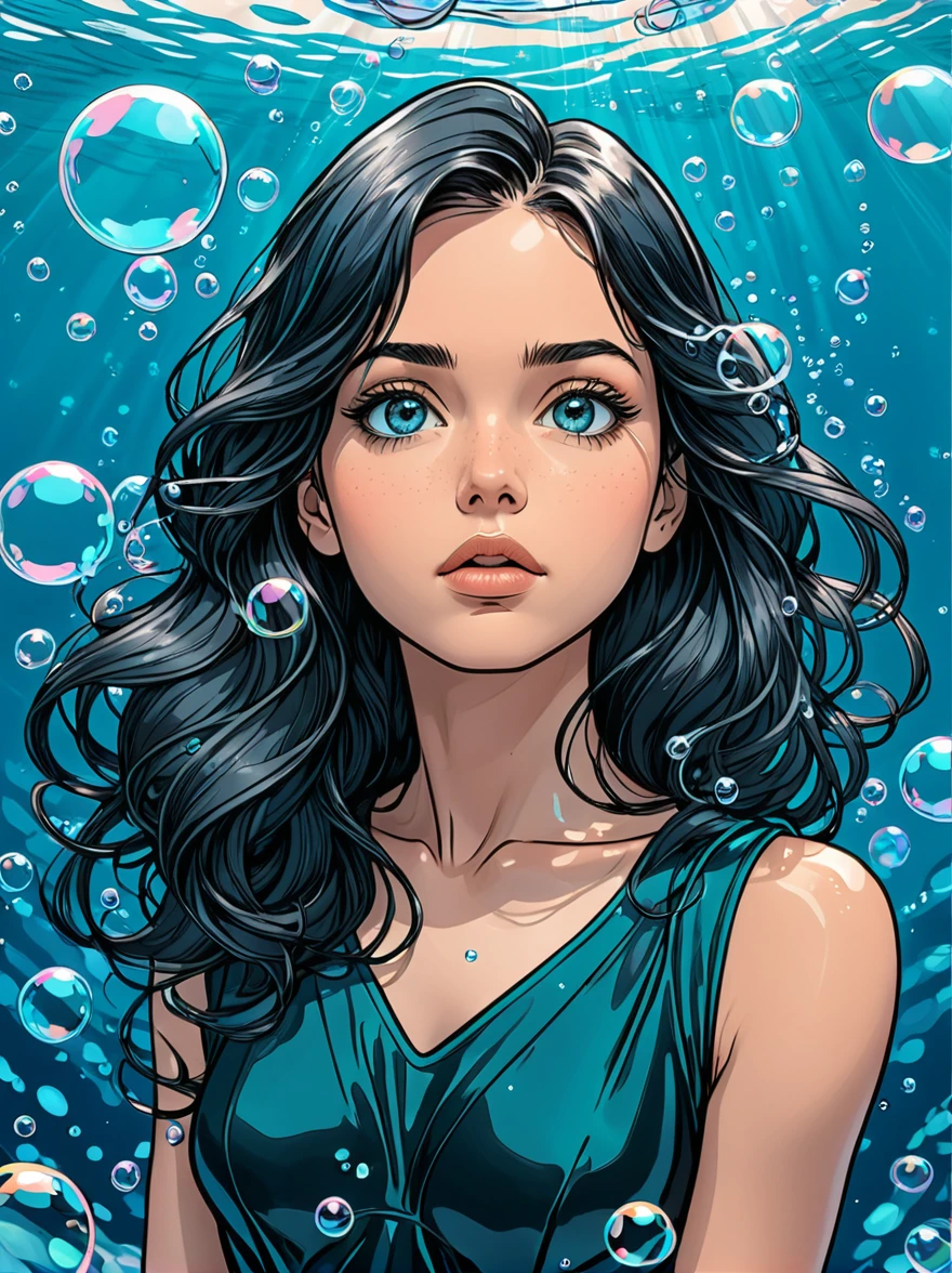 (poster composition,fine lineart, graphic novel style:1.35), ((closeup headshot:1.2)) of a beautiful woman, long dark wet hair, ((full lips, parted lips)), (freckles:0.6), ((big beautiful expressive eyes)), serious face, ((looking to the side, distracted)), ((wearing satin dress:1.2)), ((underwater, bubbles:1.3)), cinematic, action shot, detailed, flat colors, inked lineart, paper grain