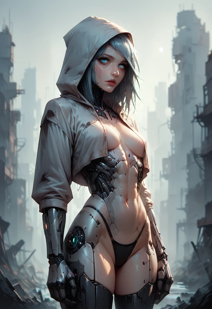 beautiful woman, light blue hair, perfect body, cyborg, small black thong and a hooded top, post-apocalyptic environment