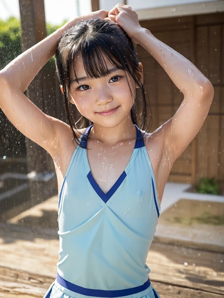 (best quality:1.2), masterpiece, Realistic, Ultra-high resolution, ((a beautiful Japanese idol ************ woman:1.2)), (Gaunt:1.3), (((Very flat chest:1.4))), ((Baby Face)), ((upper body)), (nup, cheerleader:1.2), (show me your armpit:1.2), (sweaty armpit:1.1), ((Armpits are wet and shiny with sweat)), She has skin that sweats easily Soaking wet, Sweaty, (I can see my pores:1.2), topless, solo, smile, standing, looking at viewer