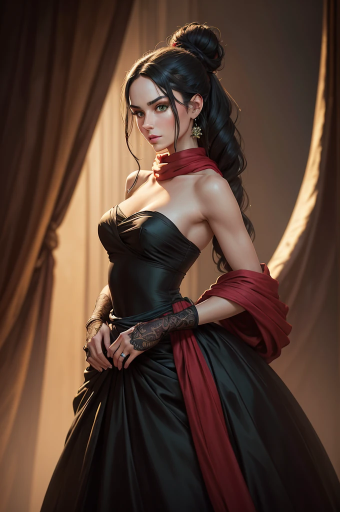 a beautiful woman with intense green eyes, long black hair tied in a bun, wearing a strapless full-length dress, a red scarf around her neck, long silk gloves, a fabric wrapped around her waist, detailed full body portrait, highly detailed, photorealistic, 8k, intricate details, masterpiece, elegant, fashion, cinematic lighting, dramatic colors, rich textures