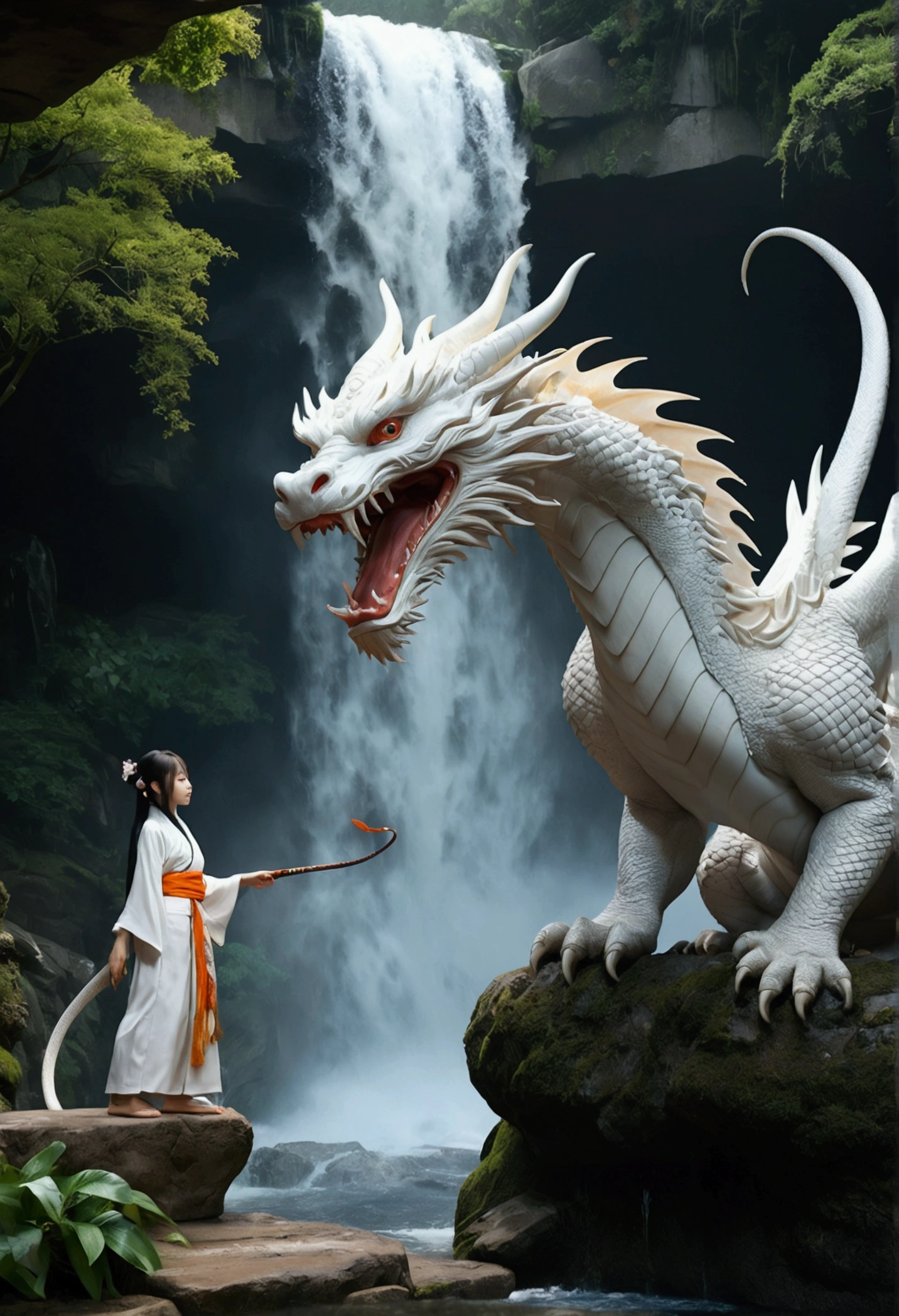 Asian-style white dragons fly around a mysterious waterfall.、The white dragon&#39;s body was long and undulating, like a large snake., and his right hand held a gem..、He roared with a beautiful horn and had a beard on his head..、The cat-eared girl who challenges the white dragon、[object object], (Detailed facial features:1.3), (raw photos, 16 ก, table top, best quality: 1.2), (Very realistic, Extraordinarily dense and complex realism: 1.3), (wide depth of field, Radiation mapping, Ray Tracing, god rays: 1.2), high dynamic range, bright, Lots of details, Clear shadows and highlights, realistic, Formidable, increased clarity, A cat-eared girl in Japanese clothing fights a white dragon in a mysterious waterfall.、