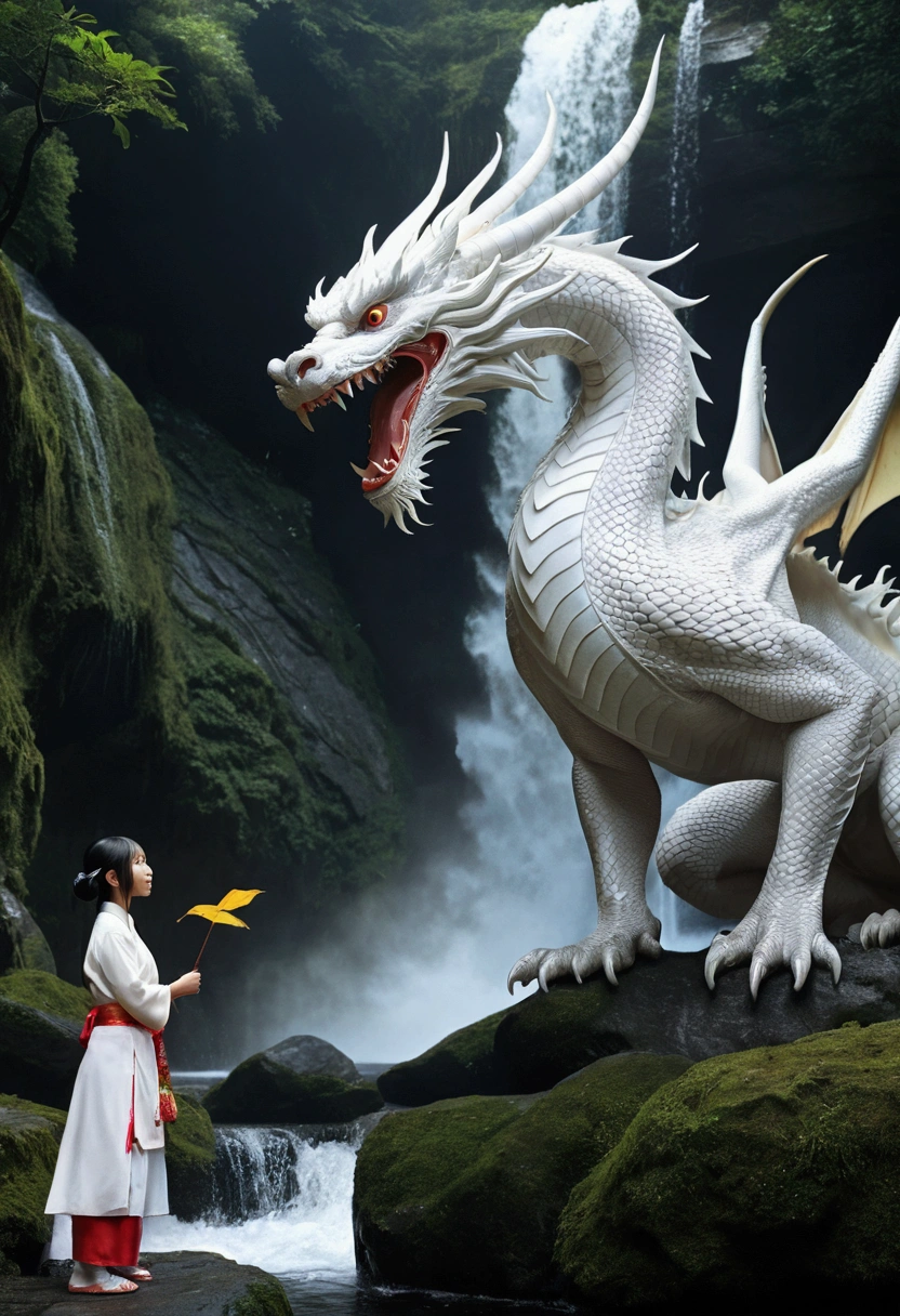 Asian-style white dragons fly around a mysterious waterfall.、The white dragon&#39;s body was long and undulating, like a large snake., and his right hand held a gem..、He roared with a beautiful horn and had a beard on his head..、The cat-eared girl who challenges the white dragon、[object object], (Detailed facial features:1.3), (raw photos, 16 ก, table top, best quality: 1.2), (Very realistic, Extraordinarily dense and complex realism: 1.3), (wide depth of field, Radiation mapping, Ray Tracing, god rays: 1.2), high dynamic range, bright, Lots of details, Clear shadows and highlights, realistic, Formidable, increased clarity, A cat-eared girl in Japanese clothing fights a white dragon in a mysterious waterfall.、