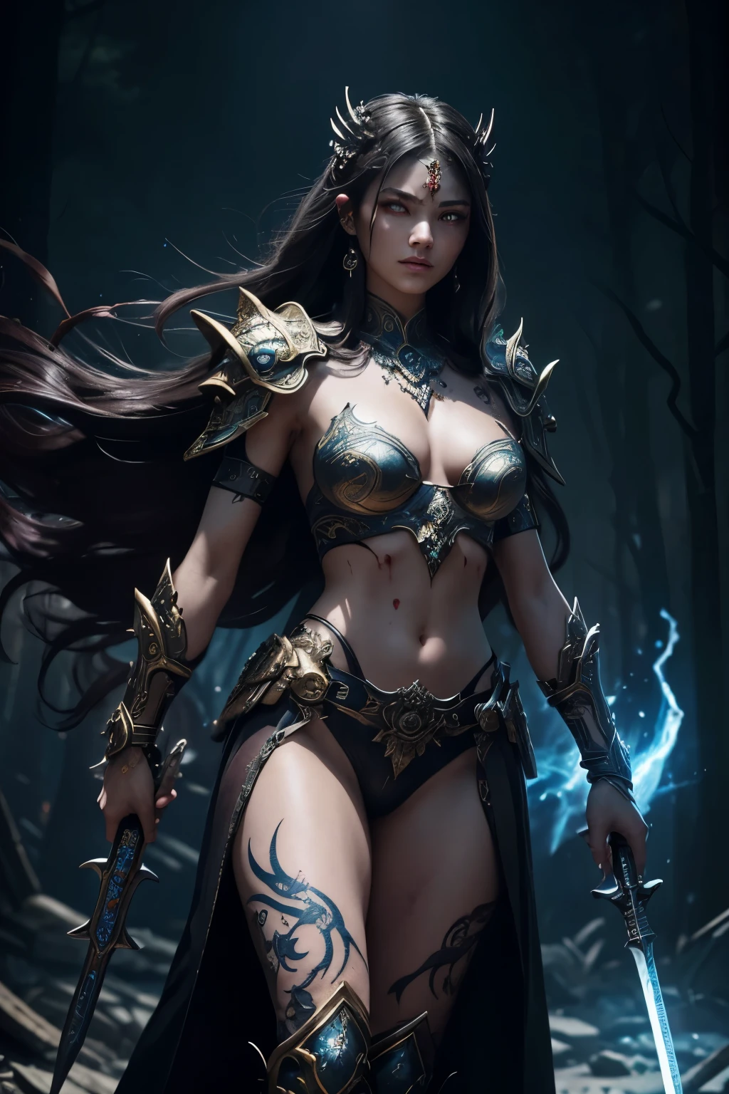 masterpiece, best quality,adult,A goddess of war with glowing eyes, magical tattoos, battle scars on her skin, and a mystical bloodied weapon in her hand, standing in a powerful pose with intricately designed mythic motifs on her armor, against a chaotic battlefield illuminated by otherworldly light, with fallen enemies at her feet