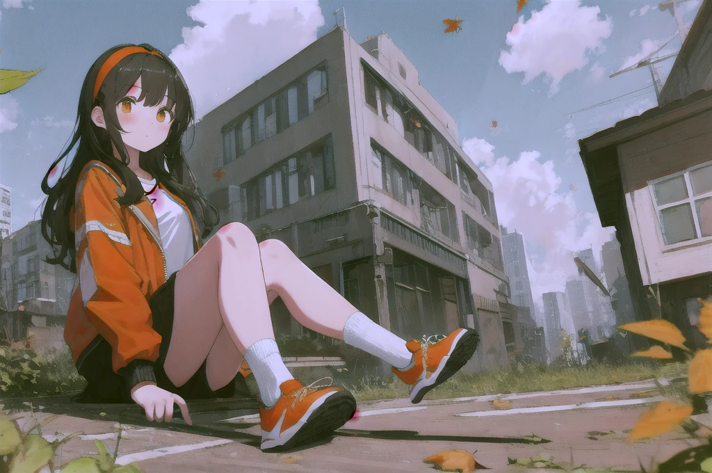 1 Girl、Orange shoes、One person、Sitting、null、cloud、Outdoor、Black Hair、bird、Upward view、青いnull、White socks、Daytime、Orange Jacket、building、Long sleeve、leaf、Long Hair、赤いHeadband、Pump rope、Headband、bangs、曇りnull、from_below、Wide_shot