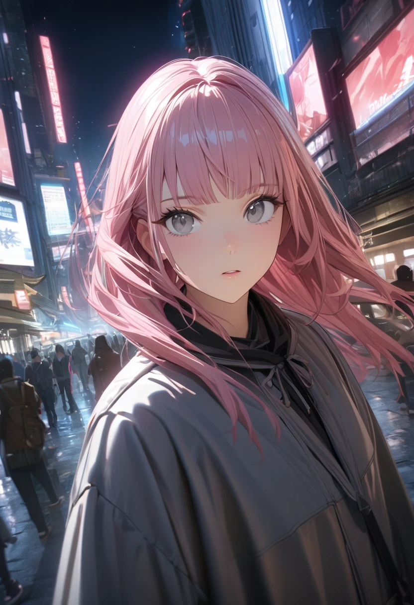 Anime Style, (master piece:1.4), (best quality:1.4), (ultra-detailed:1.4), (highres:1.4), (8k), (detailed light), ([[3d], (realistic): :0.49]:0.49), ([anime style:2d:0.49]:0.09), best quality, best quality, best quality, hires, Upper Body,18-year-old,Dynamic Angle,bangs,Grey Eyes, short, Chinaの緑の衣装, Pink Hair, Grey Eyes,Wide-angle shot,Downtown at night,cyber-,,China