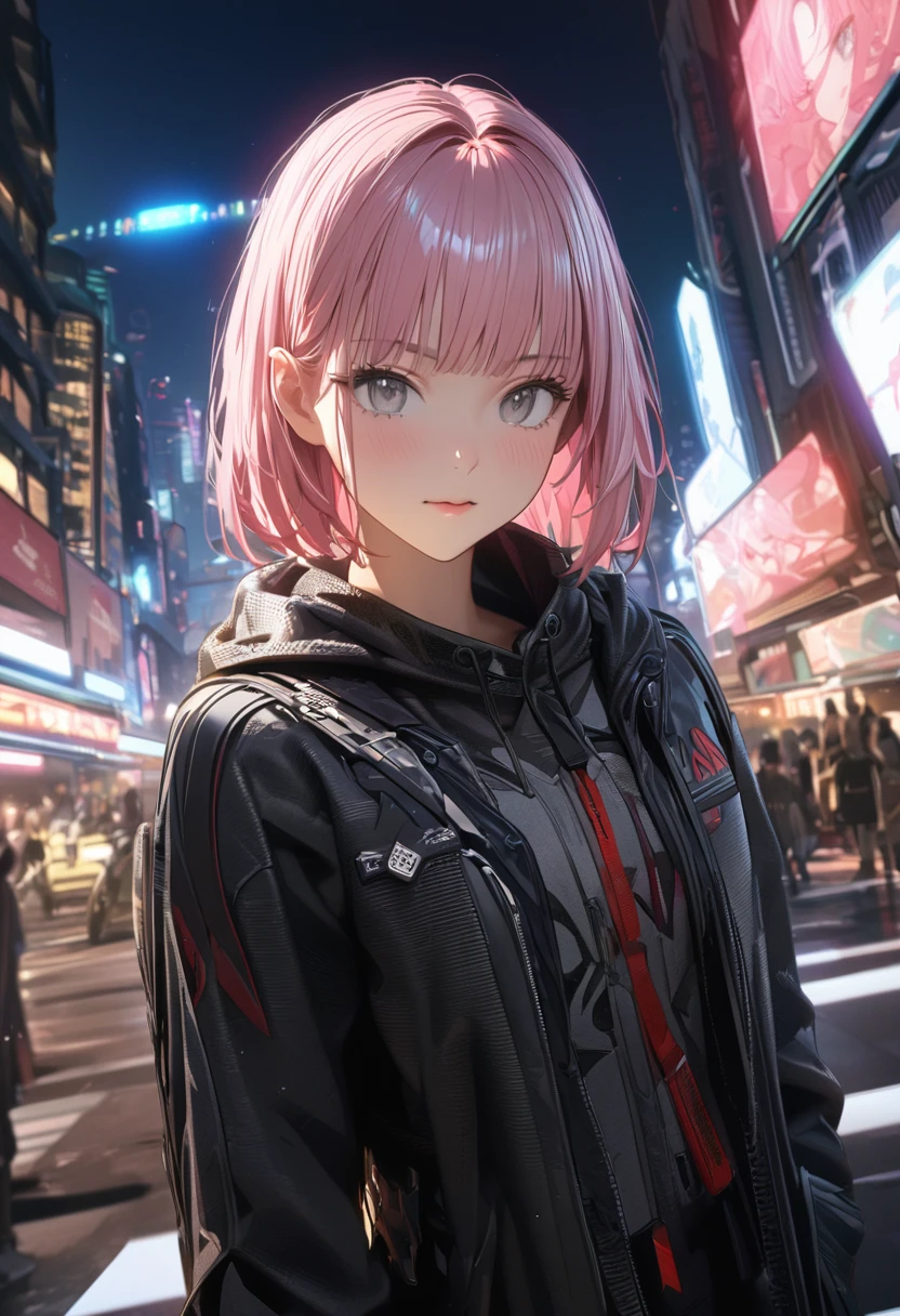 Anime Style, (master piece:1.4), (best quality:1.4), (ultra-detailed:1.4), (highres:1.4), (8k), (detailed light), ([[3d], (realistic): :0.49]:0.49), ([anime style:2d:0.49]:0.09), best quality, best quality, best quality, hires, Upper Body,18-year-old,Dynamic Angle,bangs,Grey Eyes, short, Chinaの緑の衣装, Pink Hair, Grey Eyes,Wide-angle shot,Downtown at night,cyber-,,China