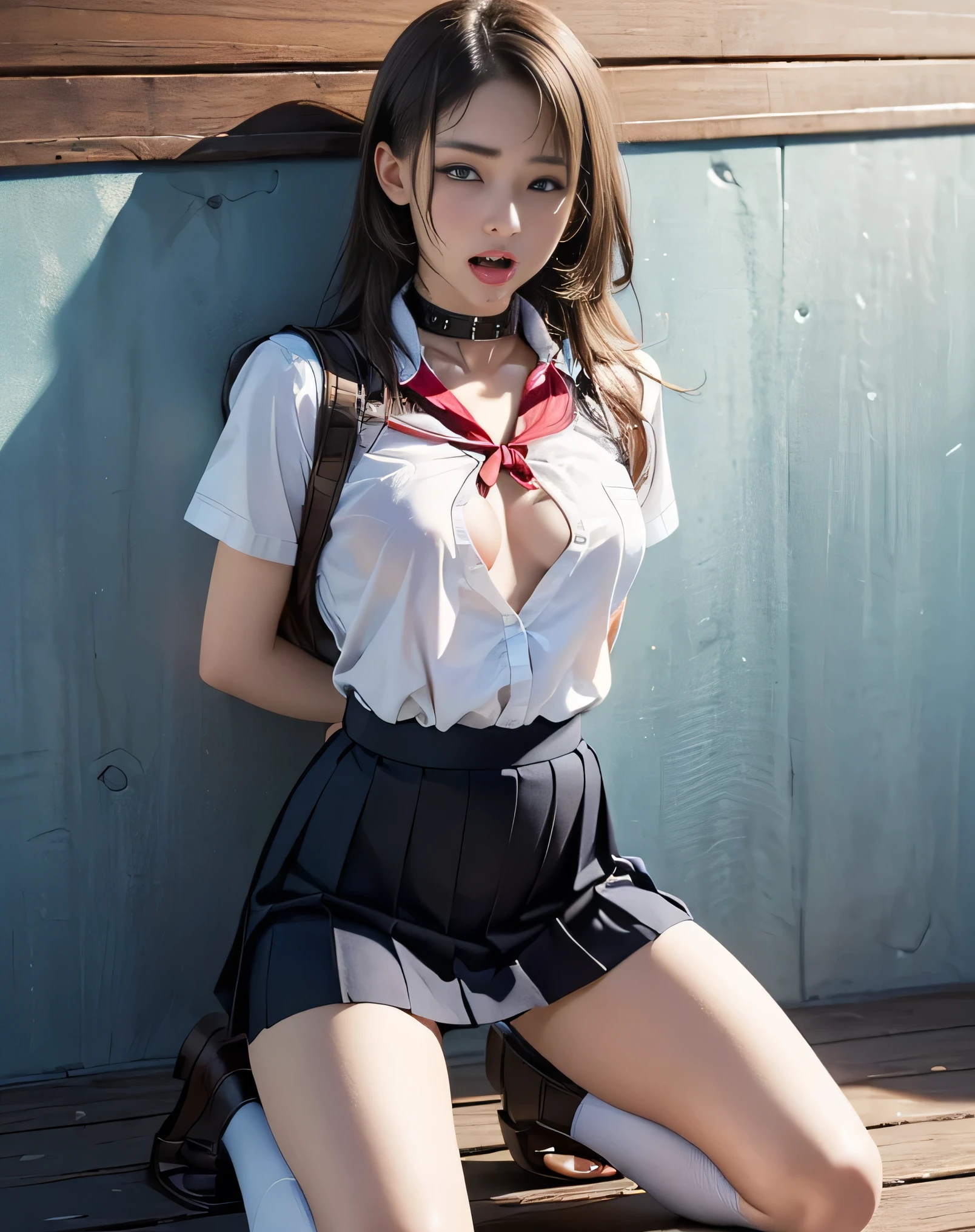 (photorealistic:1.6),(High resolution:1.6),(solo, one woman:1.5),(Thin woman:1.2),(beady eyes),(large eyes),(Light brown hair),(extremely long hair),(cool beauty:1.3),chuuChloe,(Personality is lewd),(Slender Body),(amazing orgasm),(small breasts:1.2),(Ecstasy),(masochistic:1.3),(Wooden plank wall),(Woman being sexually tortured:1.5),(Stud collar:1.5),(Fainting),(Kneeling with legs apart:1.3),(Hands tied behind back:1.4),(school uniform costume play:1.4),(Ahegao:1.5)