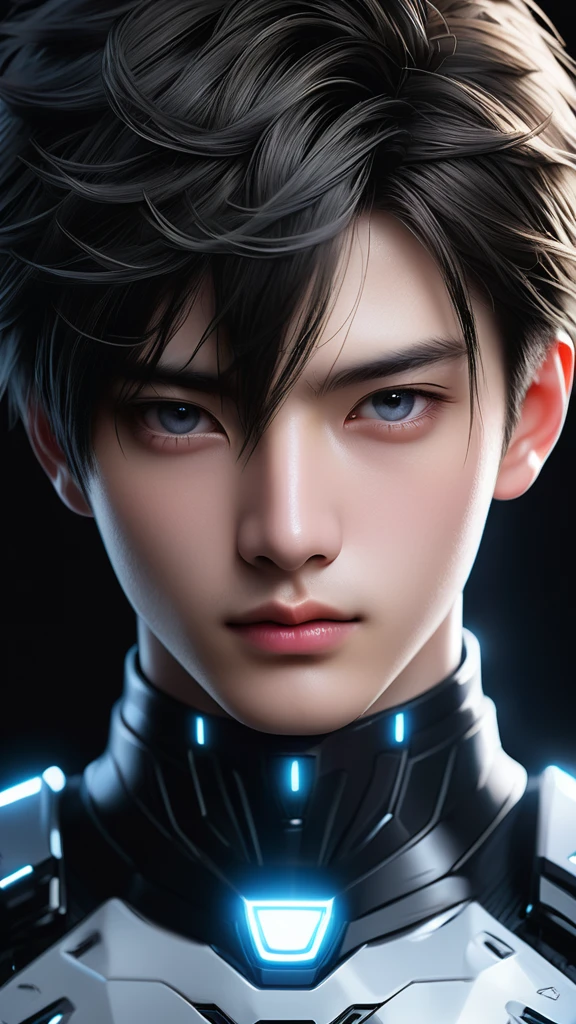 Meticulous, analog style, focus on the eyes, highest quality, (highly detailed skin), photo of very handsome pale skin Chinese donghua boy, 21 years old, (Cyber), cyber suit, perfect face, pore skin, (penetration:0.5), black background, (bokeh:0.6), sharp focus, grainy lighting, (backlight:0.7), film grain, photographed with Sony A7R IV camera, 18mm F/1.7 cine lens, (highly detailed, intricate detail), 8k, HDR, front view, (full body: 16,9)