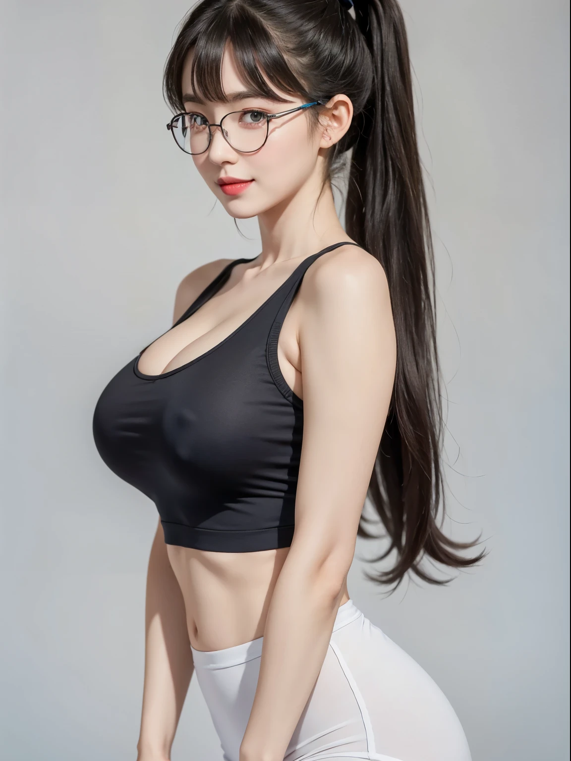 (Best quality, masterpiece, detailed), (RAW, 4k, hd images), shy, 1 girl, , white skin, long hair, ponytail, layers hair, bangs, black hair, beautiful girl, cute girl, sweet girl, pretty girl, perfect girl, pretty eyes, blue eyes, thin lips, thin, (eye line, lip stick soft), big breast, glasses(detailed frame), simple background, smile, waist, hips, sport clothes, front angle capture, half body, cleavage, huge breast, large breast