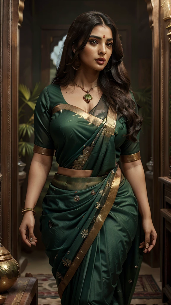 (highly detailed,illustration,intricate,attractive body,beautiful eyes,beautiful lips,extremely detailed face,longeyelashes), ((Full body picture)), cinematic, potrait, dynamic lighting,age 35, most beautiful picture, half indian half Pakistani woman celebrity, (wearing traditional indian green saree), traditional indian clothes, indian jewelry, symmetrical face, stunning art, intense look, detailed, red lips, messy strands of hair, detailed hair, intense look, (best quality,4k,8k,highres,masterpiece:1.2),ultra-detailed,(realistic,photorealistic,photo-realistic:1.37),vivid colors,sharp focus,portrait, studio lighting, in a temple, (SFW), (light skin color) full body ,(plus size:1.3),big breasts,,((plus size:1.3)),outsize model , (hourglass figure:1.3),(wide hips), sharp and focus,different poses, different angle