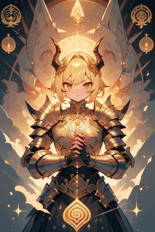 (A woman in fantasy-style full body armor) (Dragon horns grow) Golden crown, Composite Layered Chest Plate, Full shoulder and hand guards, Lightweight waist armor, Close-fitting shin guards, The overall design is sturdy yet flexible, (The armor is shiny gold, Has a dragon pattern), Gives off a noble aura, Exquisite and mature cartoon art style, ((element, elegant, god, Masculine:1.5)), metallic, High resolution, Highest quality, High resolution, Very detailed, Ultra-fine painting, Very delicate, Professional, Anatomically correct, Symmetrical face, Very detailed目と顔, High quality eyes, creativity, RAW Photos, 超High resolution, 32K, Natural light, Cinema Lighting, masterpiece-anatomy-perfect, masterpiece:1.5, (One Woman) Blonde, Yellow Eyes, short hair, Upper Body