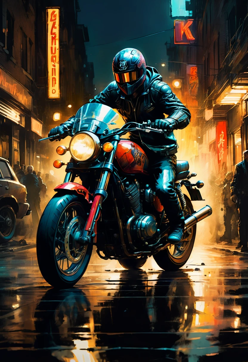 motorcycle, rider, whole body, Guy Denning, cartoon style, dramatic composition, Dynamic, cinematic action scenes, vivid colors, movie lights, dramatic lighting, best quality, masterpiece, very aesthetic, perfect composition, intricate details, very detailed