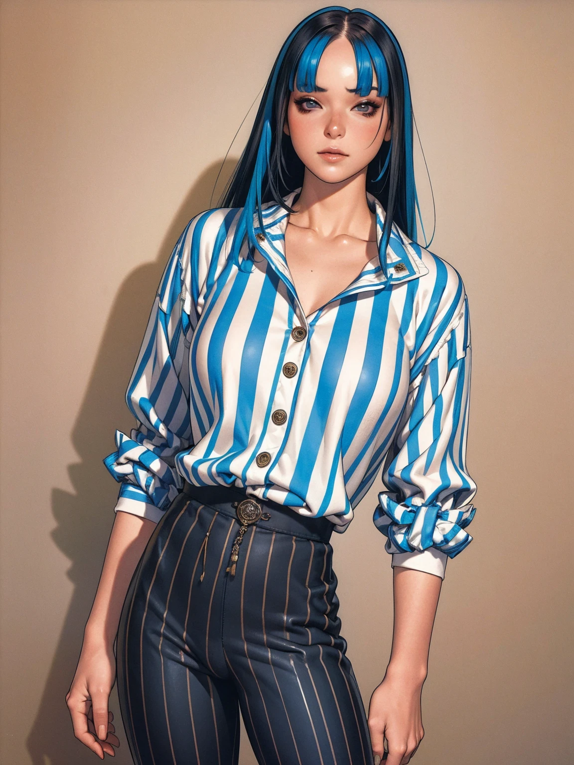 (best qualityer))), (((manga strokes))), (((black bob hair with straight bangs and blue highlights))), (((wide striped pants with 2 side stripes))), uma Kizi jovem muito bem vestida com roupas modernas de inverno, top gift vertical stripes, short jacket with dark fur collar, beautiful and expressive face, slightly-smile, big eyes with long black eyelashes, heavy make-up, chains and zippers spread across clothes, contrasting colours, pose de atitude, hair with a modern and futuristic cut, urban game poster art, dramatic camera angles, graffiti art elements in the background, design mixing contemporary and retro by Shepard Fairey, (((cowboy shot))), (((best qualityer: 1.4))), (Unbeatable masterpiece), (hiper HD),(CG 8k hyper-realistic), Kizi, (((standing alone))), pirralha violent, (((14歳))), sexly, pose de atitude, work of art, post-apocalypse, (((manga style))), bounty hunter, violent, Manic, the way you want, slenderbody, thin but strong, perfectbody, roupa moderna, advanced technology, neon, sleeves with vertical striped pattern, neutral background, (( cowboy shot )). intricate visual