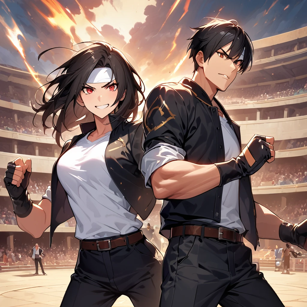 masterpiece、2 people、fight前の男女、One to One、最high resolution、8k、With a grin、Fighting Pose、fight： 1.5,(Kyo Kusanagi), Man has black skin、Red eyes、One person、((White headband))ツーshot、Black jacket（Roll up your sleeves）、Fingerless gloves、Black Hair、White T-shirt、Black pants、White shoes、Brown belt、boyish、good looking、shot、Charming、masterpiece、high resolution、Detailed face、granular、morning、A confident smile、Fighting man and woman with the Arles amphitheatre in the background、much-air-laden cheer、Same hair、Same hairと服、Angry face： 1.Attack Speed 5, Fast Attack, Angry face, Angry face