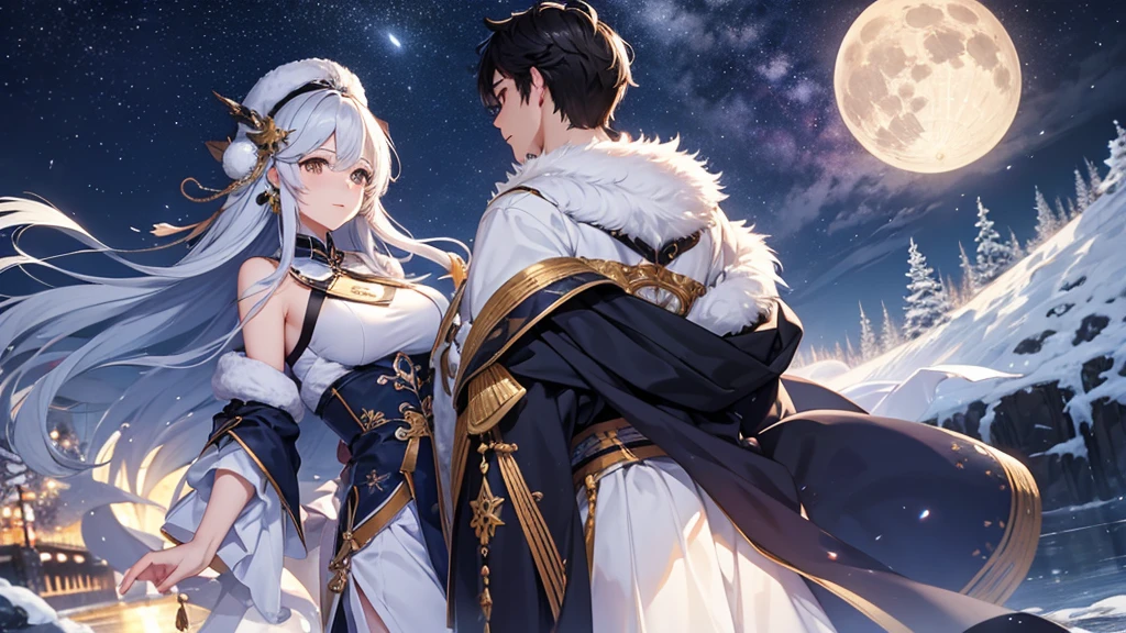 The background is the midwinter night sky、I can see a very big full moon。Male and female lovers2It's a shot。Holding hands and walking home。The man is handsome, has short black hair and is wearing a duffle coat。The woman has cute yellow-green hair in twin tails.、She is wearing a cute coat and scarf。They both look at each other a little sadly.。