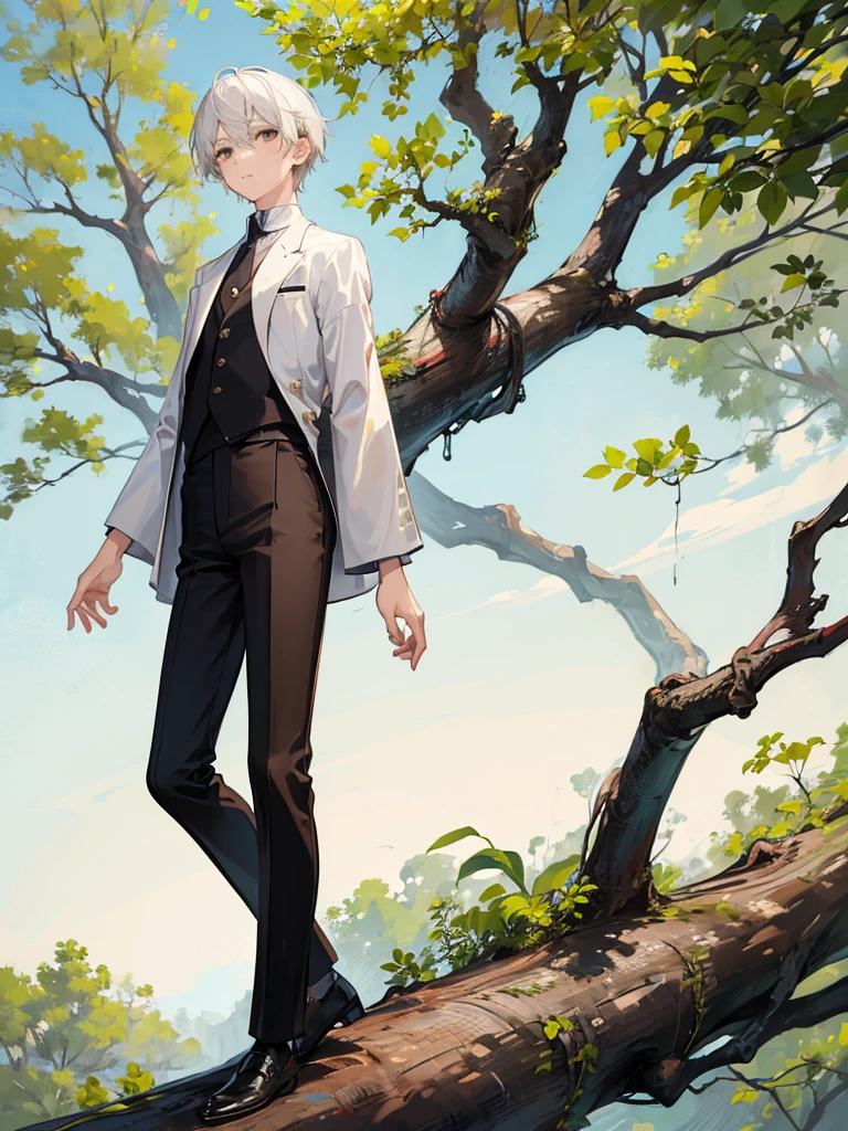 (masterpiece, top-quality, Extremely high quality, high-level image quality) young boy, brown eyes, white hair, detailed eyes, tree background, simple clothes, black pants