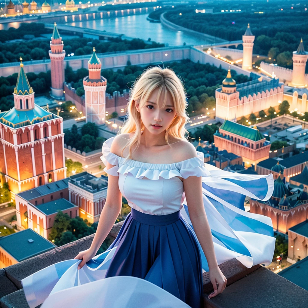 blue sky, evening light, (Aerial View of Kremlin complex of buildings:1.6), (((Beautiful woman is Floating in the Air))), Delicate white BodySuit, (Detailed beautiful face), wide angle lens f/2.8, ultra insane high resolution intricate textures, texture indentation, perfect perspective, Geometric, in another dimension worlds, fire all around, energy fields, ((luminism)), ultra detailed busy background, tessellation, maximalism, IPA Award wining masterpiece