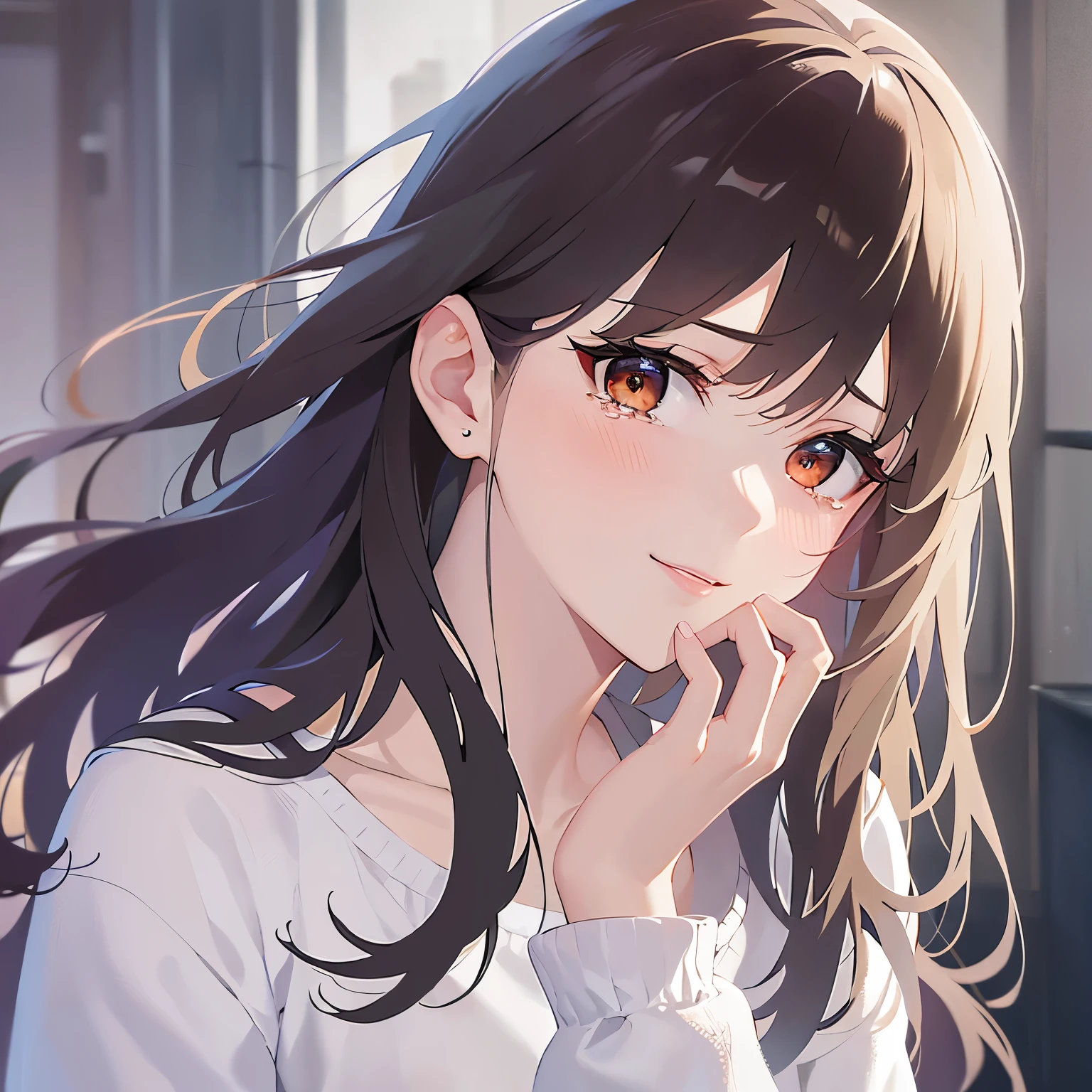(looking away:1.5),Upper Body,head tilt、(wiping tears:1.2),Wiping away tears、
Realistic, real person, (pale skin: 1.2), RAW photo, photorealistic, shiny skin, shiny hair、
(A 25-year-old woman with medium-length hair and bangs) and (wavy hair) and (brown hair) and (orange eyes) 、
(tearful:1.3),(smile:1.5),White long-sleeved clothing、The background is inside the restaurant