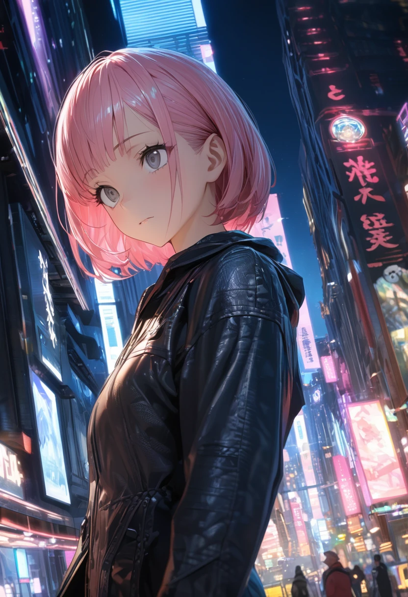 Anime Style, (master piece:1.4), (best quality:1.4), (ultra-detailed:1.4), (highres:1.4), (8k), (detailed light), ([[3d], (realistic): :0.49]:0.49), ([anime style:2d:0.49]:0.09), best quality, best quality, best quality, hires, Upper Body,18-year-old,Dynamic Angle,bangs,Grey Eyes, Droopy eyes、Short Hair, Chinaの緑の衣装, Pink Hair, Grey Eyes,Wide-angle shot,Downtown at night,cyber-,,China