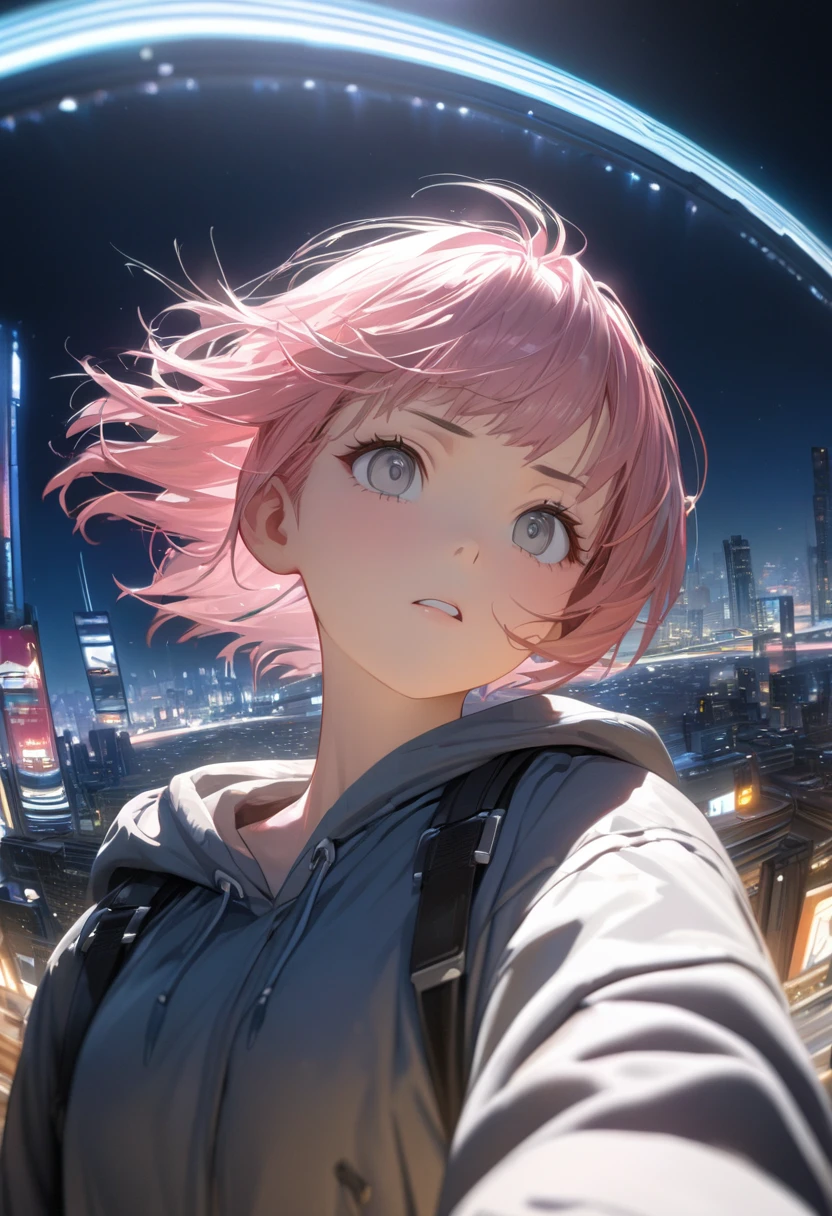Anime Style, (master piece:1.4), (best quality:1.4), (ultra-detailed:1.4), (highres:1.4), (8k), (detailed light), ([[3d], (realistic): :0.49]:0.49), ([anime style:2d:0.49]:0.09), best quality, best quality, best quality, hires, Upper Body,18-year-old,Dynamic Angle,bangs,Grey Eyes, Droopy eyes、Short Hair, Chinaの緑の衣装, Pink Hair, Grey Eyes,Wide-angle shot,Downtown at night,cyber-,,China