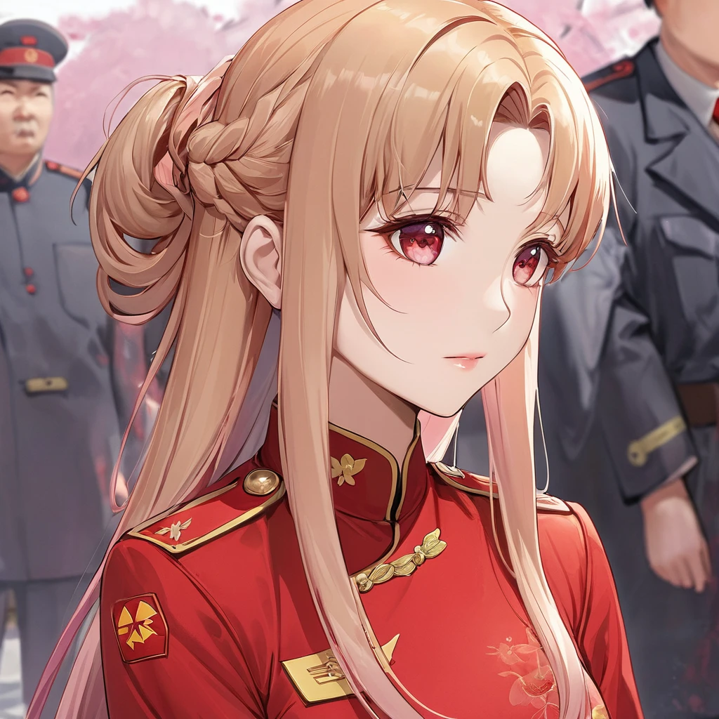 ((Highest quality)), ((masterpiece)), (detailed), (Perfect Face)、The woman is Chinese. She is a Chinese woman with light brown, medium-long hair and an engagement ring. She is a member of the glorious Chinese Communist Party and has sworn absolute loyalty to the Chinese Communist Party. She is a righteous Communist Party member of China.、The woman is wearing the fine red uniform of a Chinese Communist Party member.、For the sake of China, they dye their hair, hairstyle, clothes, and everything they wear belongs to the Chinese Communist Party, and their thoughts are also Chinese, becoming great Chinese in body and mind.、The woman became Lacus Clyne, a Chinese woman who was proud of and loved China.、She is serving China as a member of the great Communist Party of China.、She is a beautiful, respectable and exemplary Communist.