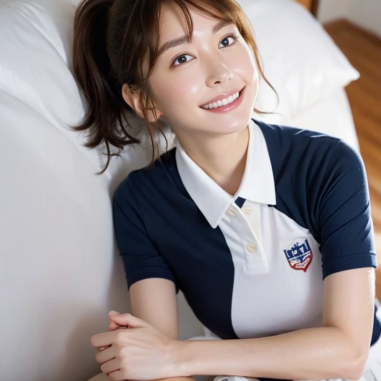 (Masterpiece, Best quality: 1.2), (Aerial shot: 1.5), (From side: 1.4), Looking at viewer, Natural light, 20 years old actress, Japanese women, Neat and clean, ((Wearing white tennis uniform, White short sleeve polo shirt with collar, Not buttoning the polo shirt, Dark navy line on the collar of the polo shirt, White tennis Skirt, White pleated skirt: 1.2)), (High ponytail: 1.2) Medium wavy hair, (Beautiful Face), Glossy brown hair color, clear, (Beautiful detailed eyes, Kind eyes), (Clear skin), Small face, Beautiful small mouth, no makeup, Approachable, Hotel rooms, On bed, White socks, Seductive smile, Seductive pose,