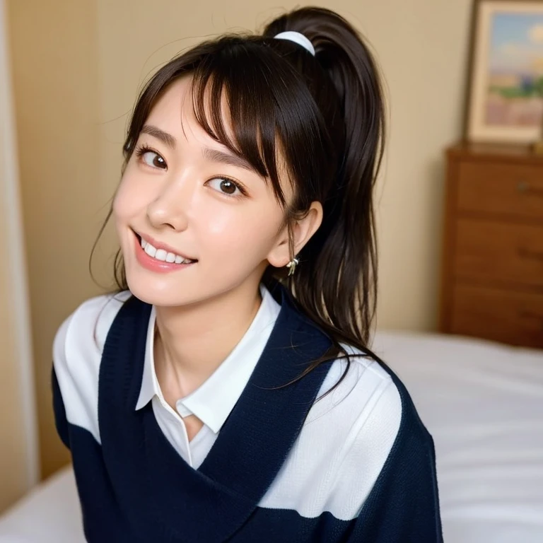 (Masterpiece, Best quality: 1.2), (Aerial shot: 1.5), (From side: 1.4), Looking at viewer, Natural light, 20 years old actress, Japanese women, Neat and clean, ((Wearing white tennis uniform, White short sleeve polo shirt with collar, Not buttoning the polo shirt, Dark navy line on the collar of the polo shirt, White tennis Skirt, White pleated skirt: 1.2)), (High ponytail: 1.2) Medium wavy hair, (Beautiful Face), Glossy brown hair color, clear, (Beautiful detailed eyes, Kind eyes), (Clear skin), Small face, Beautiful small mouth, no makeup, Approachable, Hotel rooms, On bed, White socks, Seductive smile, Seductive pose,