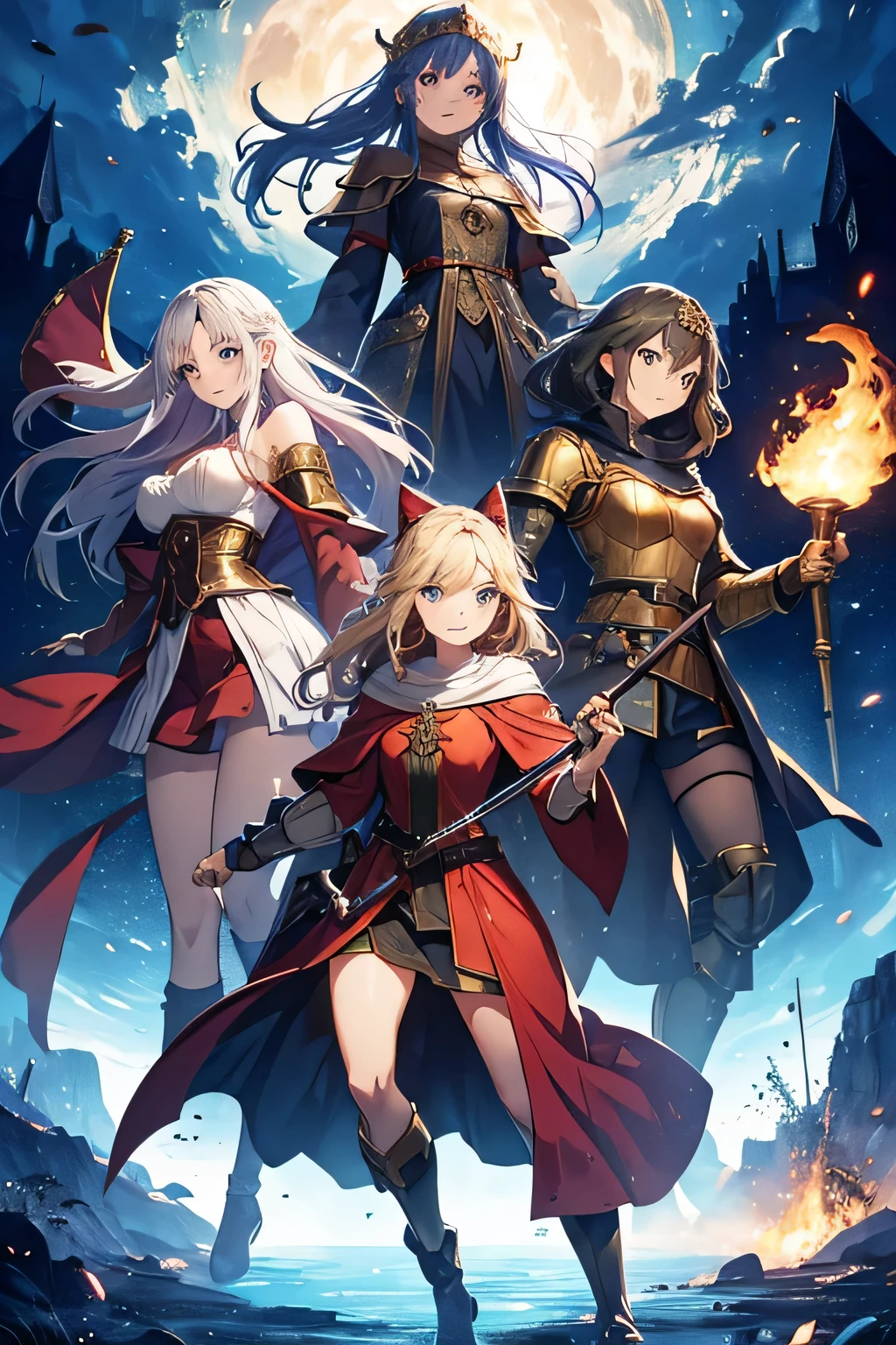 Fantasy World, Medieval European style,Anime Style,Four people celebrating their victory on the battlefield,The four characters' professions are soldier, princess, swordsman and pirate.,The soldier is male and has a slim, muscular body., Short Hair, Spiky Hair, Brown Hair, The princess is female and blonde., Princess of the Water Kingdom, A white and blue princess dress with easy movement and armor., The swordsman is a man,Equipment with a Japanese touch,One is a magical girl