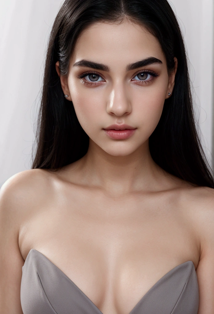 extremely beautiful girl, white skin, straight black hair, striking eyebrows, light gray eyes, princess nose, full lips, angelic face, beautiful digital influencer.