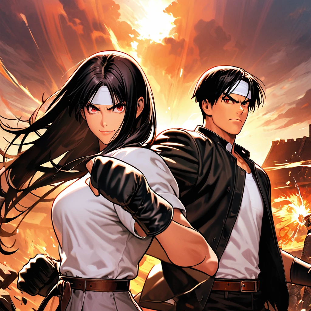 masterpiece, 2 people, ツーshot, Highest quality, 8k, Full Hand Portrait, Action pose, Fight Scene： 1. 5,(kyo kusanagi), Man has black skin、Red eyes、One person、((White headband))ツーshot、Black jacket（Roll up your sleeves）、Fingerless gloves、Black Hair、White T-shirt、Black trousers、White shoes、Brown belt、((kyo kusanagi fighting woman with same clothes and hairstyle))boyish、 good looking, shot, Charming, masterpiece, High resolution, Detailed face, Fine grain, morning, A confident smile, Man and woman fighting with chateau winery in the background, same hairstyle and clothes, Angry men and women, Angry face, same hairstyle and clothes： 1. Attack Speed 5, Fast Attack, Angry face, Angry face