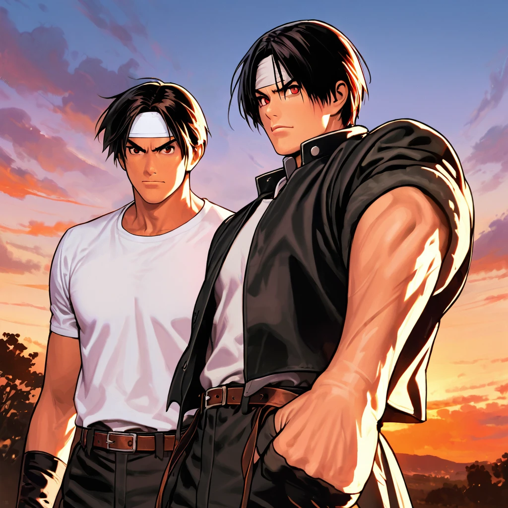 masterpiece, 2 people, ツーshot, Highest quality, 8k, Full Hand Portrait, Action pose, Fight Scene： 1. 5,(kyo kusanagi), Man has black skin、Red eyes、One person、((White headband))ツーshot、Black jacket（Roll up your sleeves）、Fingerless gloves、Black Hair、White T-shirt、Black trousers、White shoes、Brown belt、((kyo kusanagi fighting woman with same clothes and hairstyle))boyish、 good looking, shot, Charming, masterpiece, High resolution, Detailed face, Fine grain, morning, A confident smile, Man and woman fighting with chateau winery in the background, same hairstyle and clothes, Angry men and women, Angry face, same hairstyle and clothes： 1. Attack Speed 5, Fast Attack, Angry face, Angry face