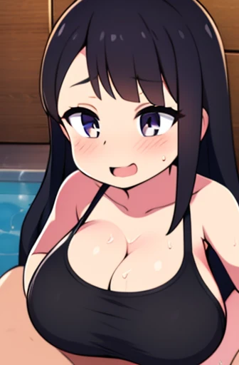 (((Open your mouth))),14-year-old face,Black Eye,Dark Eyes,Black Hair,Long Hair,((Wet Hair)),Hot Face,((Heavy breathing)),Big Breasts,Slightly larger belly,((White tank top)),Accentuate the cleavage,((Wet clothes)),(Leaning forward),((Looking into the camera)),With a sexy smile,