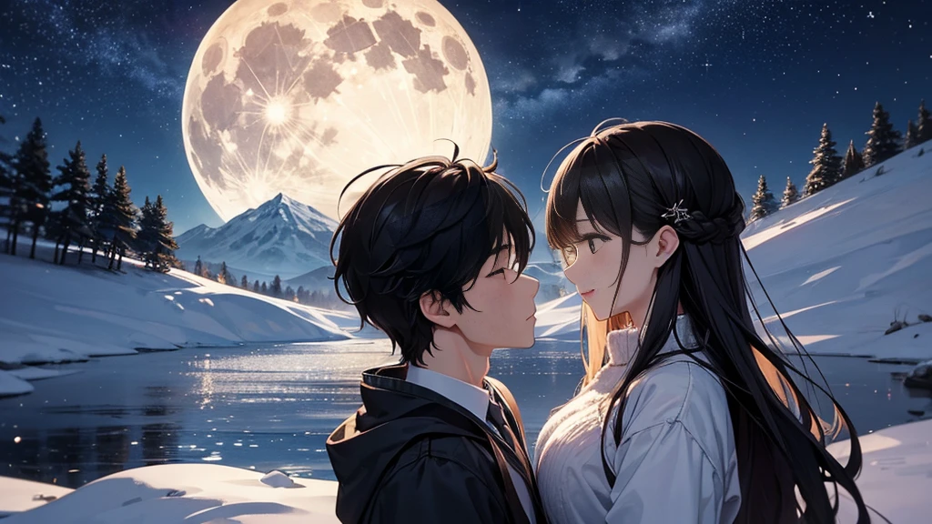 The background is the midwinter night sky、I can see a very big full moon。Male and female couple２It&#39;s a shot。Holding hands and walking home。The man is handsome, has short black hair and is wearing a duffle coat。The woman has cute yellow-green hair in twin tails.、She is wearing a cute coat and scarf。They both look at each other a little sadly.。