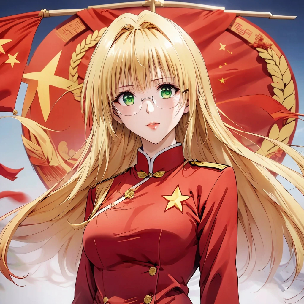 ((Highest quality)), ((masterpiece)), (detailed), （Perfect Face）、The woman is a Chinese woman named Tieryu Lunatique, a green-eyed, blonde, medium-long-haired Chinese woman wearing an engagement ring. She has become a member of the glorious Chinese Communist Party and pledges absolute loyalty to the Chinese Communist Party. She is a righteous Communist Party member of China.、The woman is wearing the fine red uniform of a Chinese Communist Party member.、For the sake of China, they dye their hair, hairstyle, clothes, and everything they wear belongs to the Chinese Communist Party, and their thoughts are also Chinese, becoming great Chinese in body and mind.、The woman became Lacus Clyne, a Chinese woman who was proud of and loved China.、She is serving China as a member of the great Communist Party of China.、She is a beautiful, respectable and exemplary Communist.