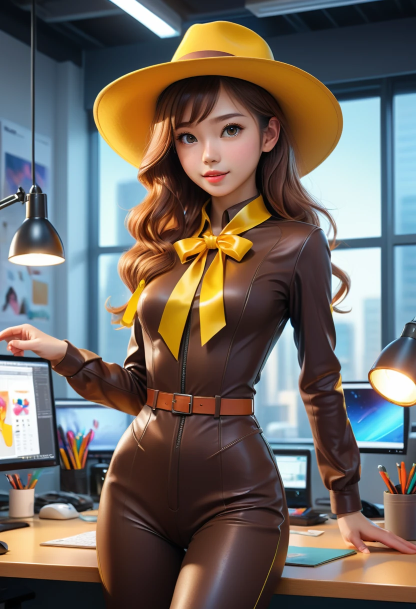 full-body shot, catsuit, a brown felt hat with a wide brim and a yellow ribbon, the hat has a mouth and eyes on the front, and speaks with a friendly voice, the hat analyzes the personality and skills of the person who wears it, and suggests the best career option for them, the image is set in a colorful office with posters and gadgets, the style is humorous and expressive, with exaggerated features and emotions, the resolution is 1366x768 pixels and the rendering is crisp and vector-like, art by rossdraws and ross tran, (8k, raw photo, best quality, masterpiece:1.2), (realistic:1.3), (photorealistic:1.3), ultra-detailed, (high detailed skin:1.2), 8k uhd, dslr, soft lighting, high quality, film grain, fujifilm xt3, best quality, beautiful lighting