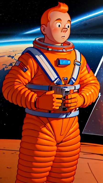 (Teens:1man: Tintin), (extremely detailed CG unit 8k wallpaper),(master part), (best quality), (ultra detali), (best illustration),(clay texture), cowboy shot, (Sharp eyeliner, ombre, detailed eyes:1),Dark space station interiors background, ,break , (astronaut in an orange space suit), upper body, short hair, orange hair