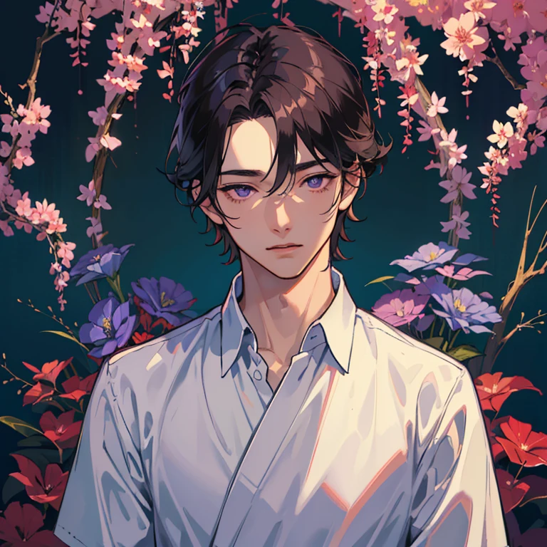 masterpiece、Highest quality、Perfect body、Subtle facial details、Handsomeの男性1人、20th Generation,solo,Purple eyes,Dark Hair,short hair,Looking straight ahead,Realな質感,Perfect Face,Handsome,Simple clothing,A shadowy atmosphere、Modern clothing,Real