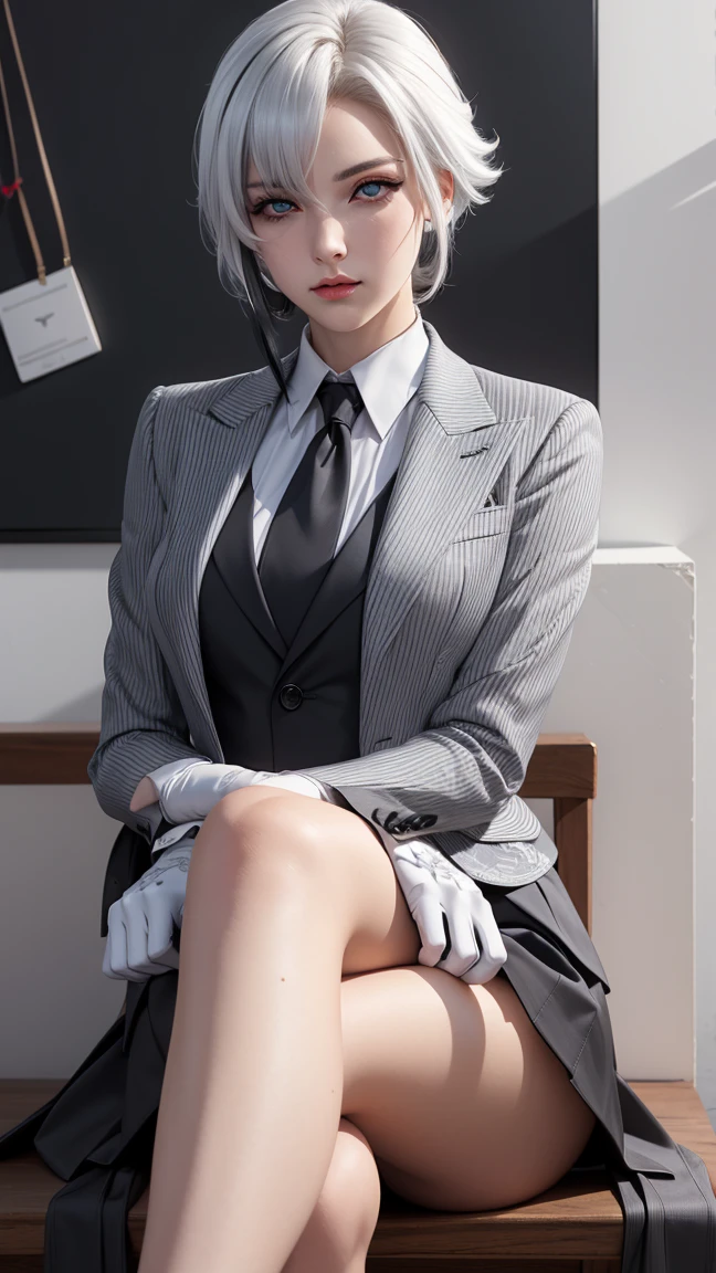 1girl, solo, white hair, black hair, multicolored hair, black eyes, x-shaped pupils,
BREAK (({Black business suit:1.40},{tie:1.20},{White gloves:1.15},{ White shirt:1.10}, {Black Skirt:1.15}, good looking:1.5))
BREAK expressionless, looking at viewer, sitting,
BREAK (masterpiece:1.2), best quality, high resolution, unity 8k wallpaper, (illustration:0.8), (beautiful detailed eyes:1.6), extremely detailed face, perfect lighting, extremely detailed CG, (perfect hands, perfect anatomy),