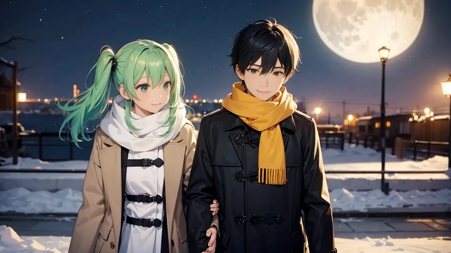 The background is the midwinter night sky、I can see a very big full moon。A couple walking hand in hand, breathing out white breath.2shot。The woman has cute yellow-green hair in twin tails.、She is wearing a cute coat and scarf。The man is a handsome man with short black hair.、Wearing a duffle coat。The two of them look at each other with a sad smile.。