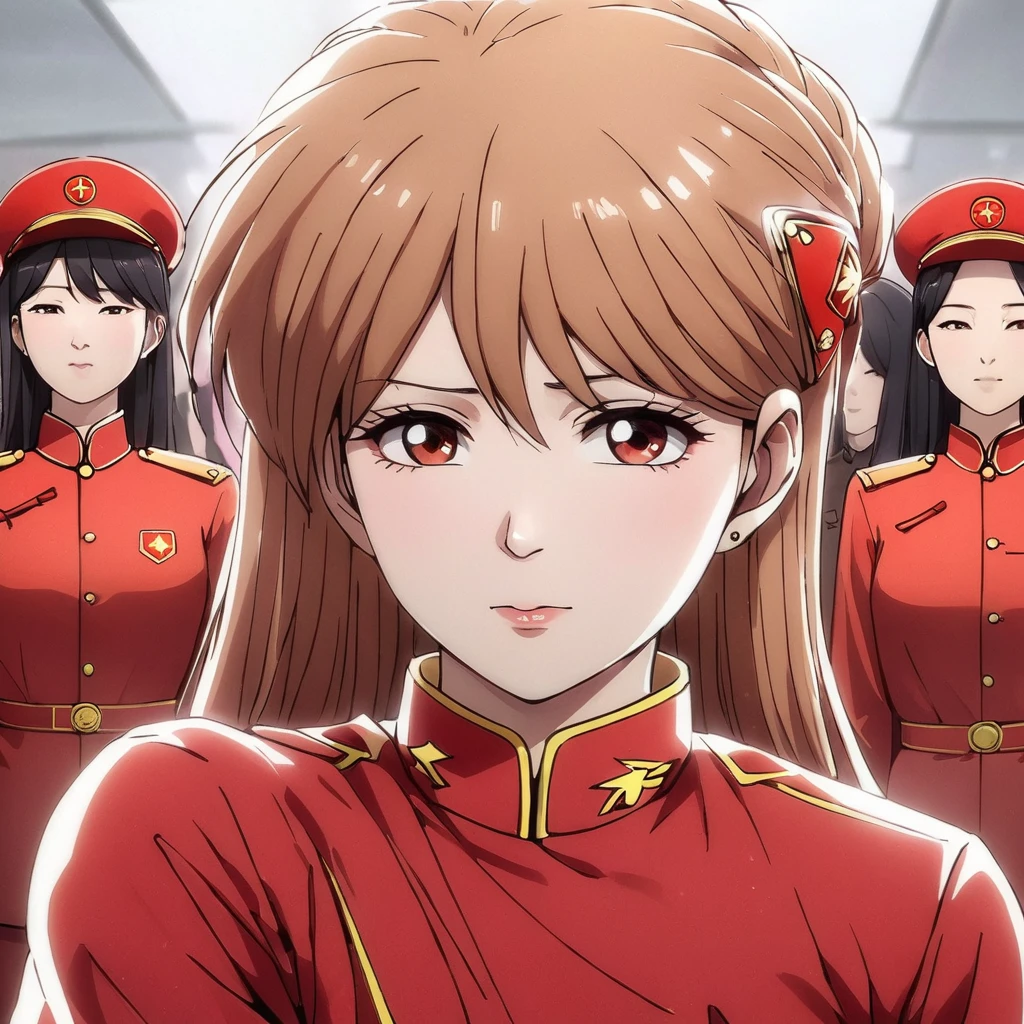 ((Highest quality)), ((masterpiece)), (detailed), （Perfect Face）、The woman is Princess Leona, a Chinese woman with light brown, medium-long hair, wearing an engagement ring. She has become a member of the glorious Chinese Communist Party and pledges absolute loyalty to the Chinese Communist Party. She is a righteous Communist Party member of China.、The woman is wearing the fine red uniform of a Chinese Communist Party member.、For the sake of China, they dye their hair, hairstyle, clothes, and everything they wear belongs to the Chinese Communist Party, and their thoughts are also Chinese, becoming great Chinese in body and mind.、The woman became Lacus Clyne, a Chinese woman who was proud of and loved China.、She is serving China as a member of the great Communist Party of China.、She is a beautiful, respectable and exemplary Communist.