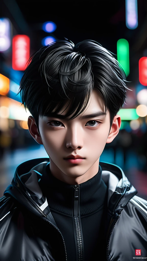 Meticulous, analog style, focus on the eyes, highest quality, (highly detailed skin), photo of very handsome pale skin Chinese donghua boy, 21 years old, (Cyber), cyber jacket, face mask, perfect face, pore skin, (penetration:0.5), black background, (bokeh:0.6), sharp focus, grainy lighting, (backlight:0.7), film grain, photographed with Sony A7R IV camera, 18mm F/1.7 cine lens, (highly detailed, intricate detail), 8k, HDR, front view, (full body: 16,9)