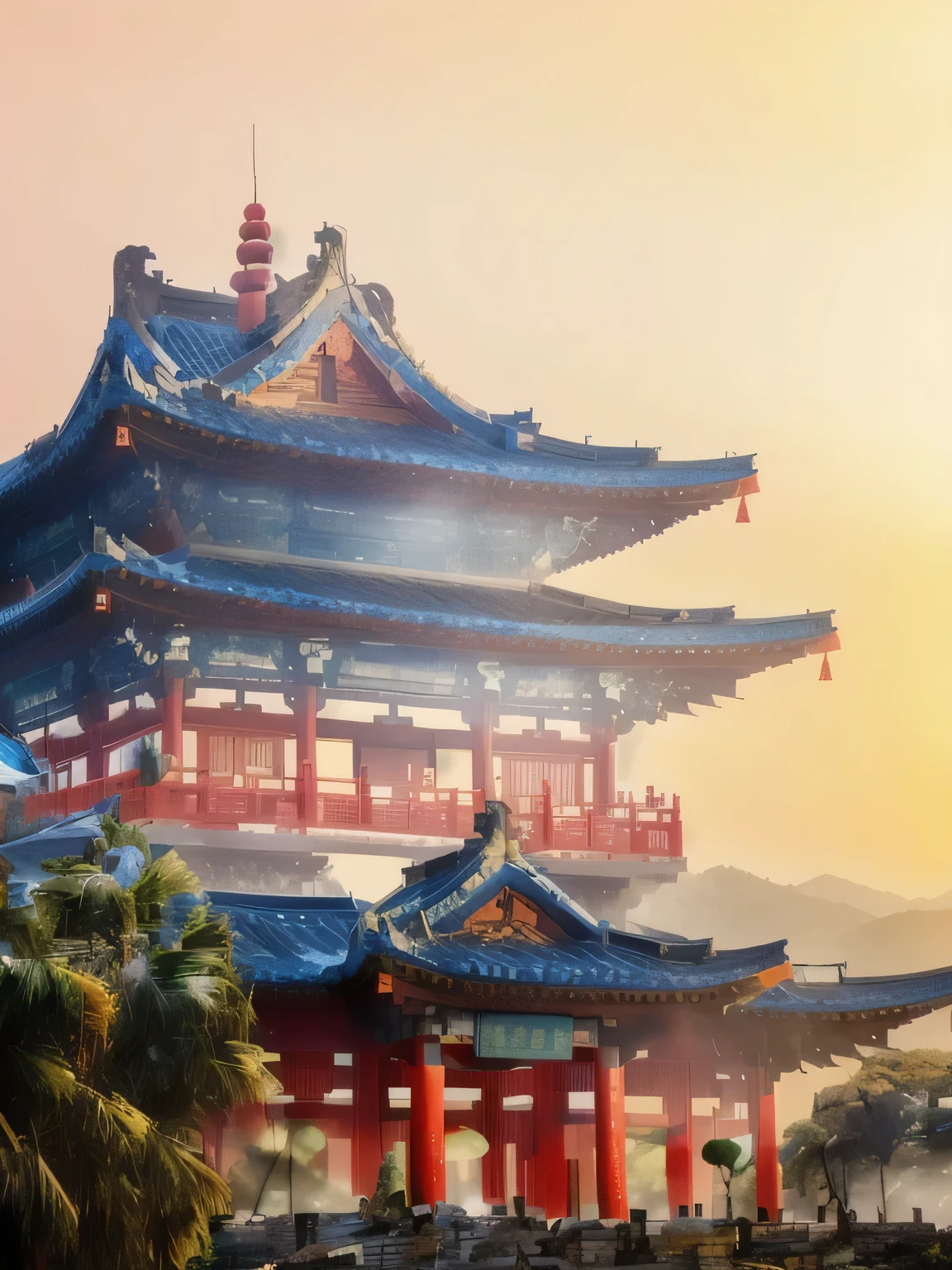 There is a tower in Alafay,There is a clock on the top of the tower, ancient Chinese Architecture, Chinese Architecture, Chinese Architecture, Ancient Chinese Tower, Hangzhou, Chinese Palace, Chinese Temple, Guangjian, pagoda, Cyberpunk Chinese Ancient Castle, In line with Chinese aesthetics, Chinese tradition, pagoda with a lot of wind chimes, Big Temple, New China