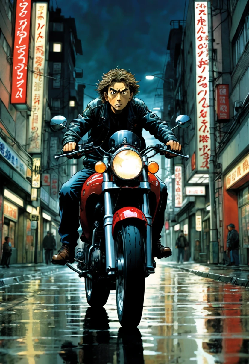 motorcycle, rider, whole body, Naoki Urasawa, dramatic composition, Dynamic, cinematic action scenes, vivid colors, movie lights, dramatic lighting, best quality, masterpiece, very aesthetic, perfect composition, intricate details, very detailed