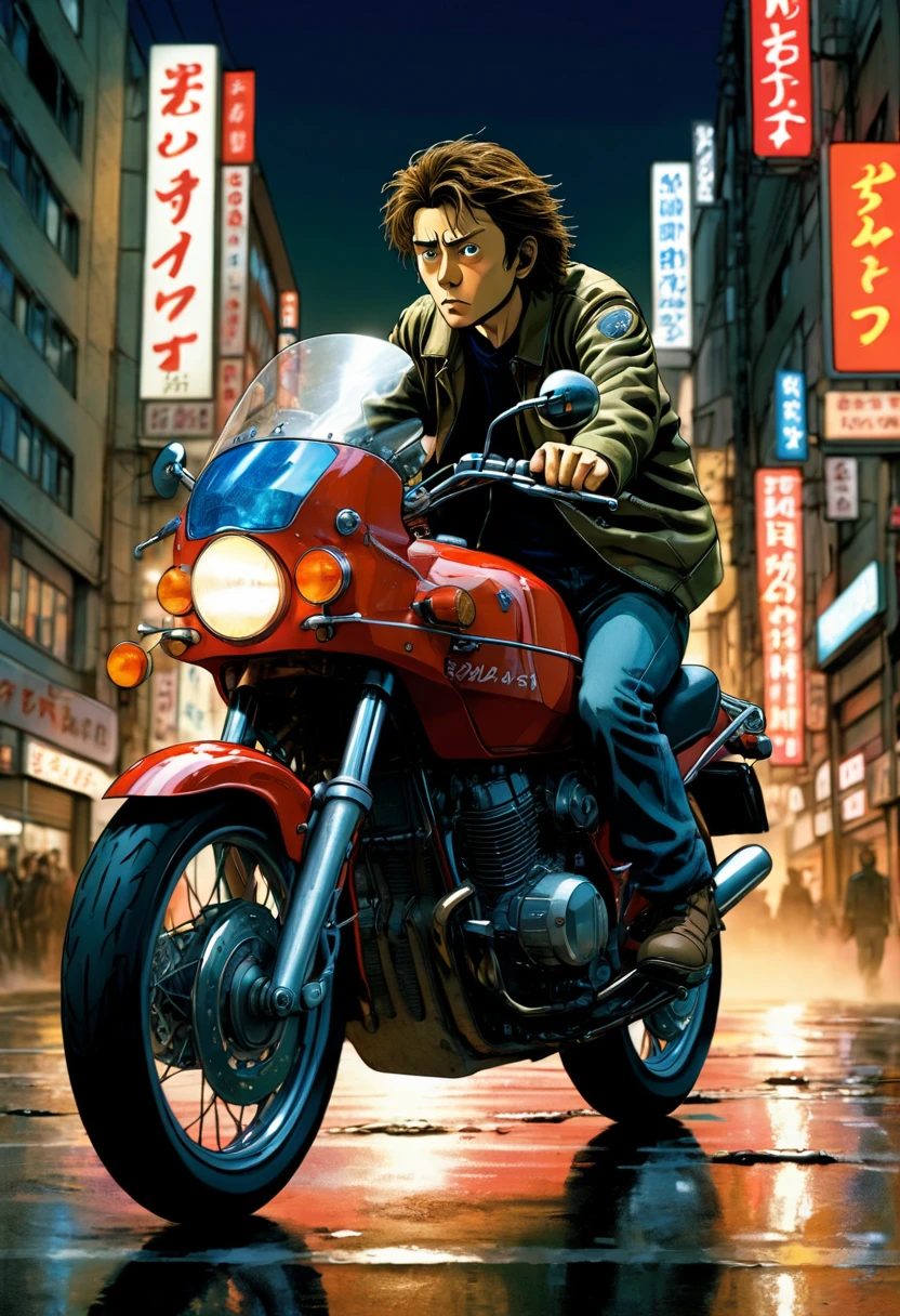 motorcycle, rider, whole body, Naoki Urasawa, dramatic composition, Dynamic, cinematic action scenes, vivid colors, movie lights, dramatic lighting, best quality, masterpiece, very aesthetic, perfect composition, intricate details, very detailed