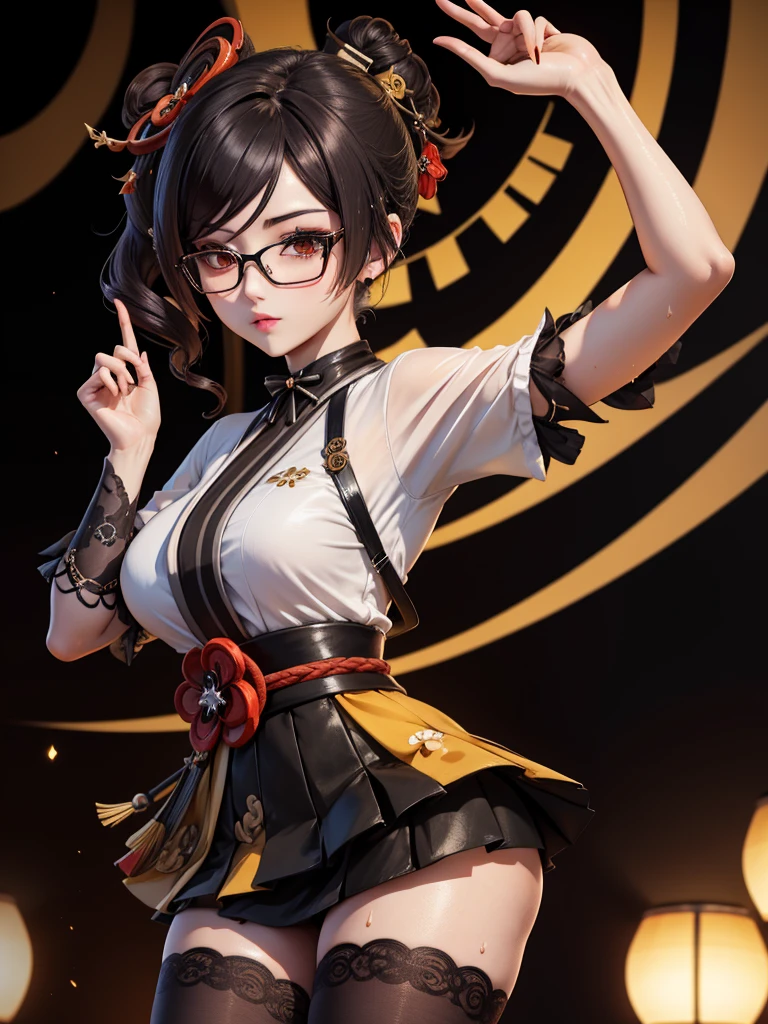 Chiori, (genshin impact), Sexy aesthetic wet short skirt white shirt short black skirt black stockings long hair glasses hands raised