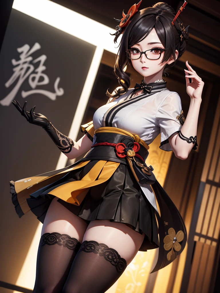 Chiori, (genshin impact), Sexy aesthetic wet short skirt white shirt short black skirt black stockings long hair glasses hands raised