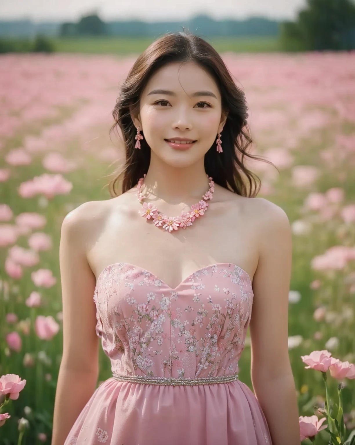 A woman in a pink dress is standing in a flower field, woman standing in the flower field, pink flower field, standing in the flower field, girl standing in the flower field, wearing a pink dress, wearing a pink floral dress, girl standing in the flower field, standing in the flower field, wearing a pink dress, Portrait of a girl in a flower field, smile